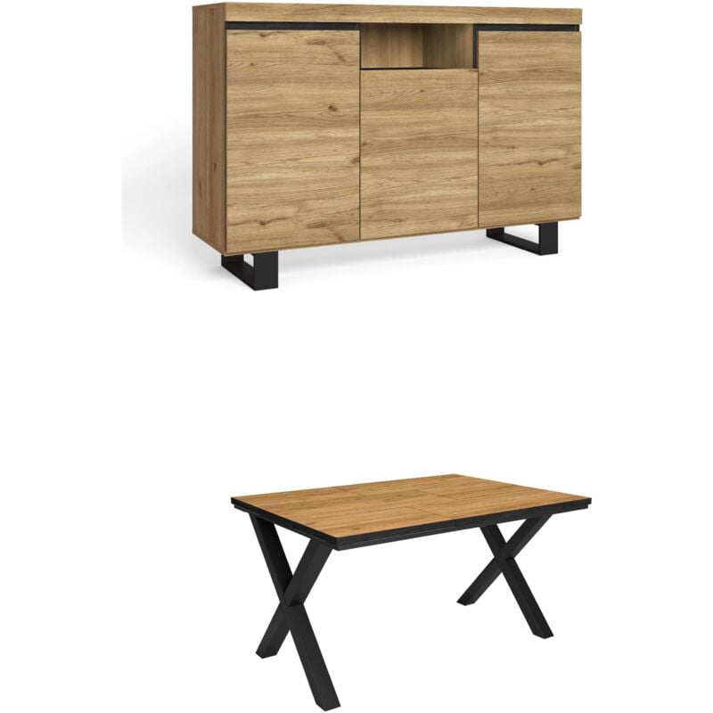 foto del prodotto skraut home set di mobili per il soggiorno, tavolo 140 frontale nero piedi x 6 commensali, madia credenza 140 tall, rovere e nero, stile