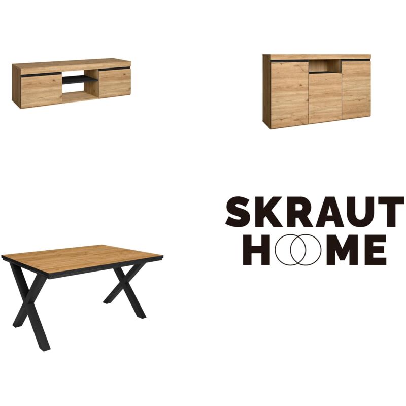 foto del prodotto skraut home set di mobili per il soggiorno, tavolo 140 frontale nero piedi x 6 commensali, mobile tv 140, madia credenza 140, rovere e nero,