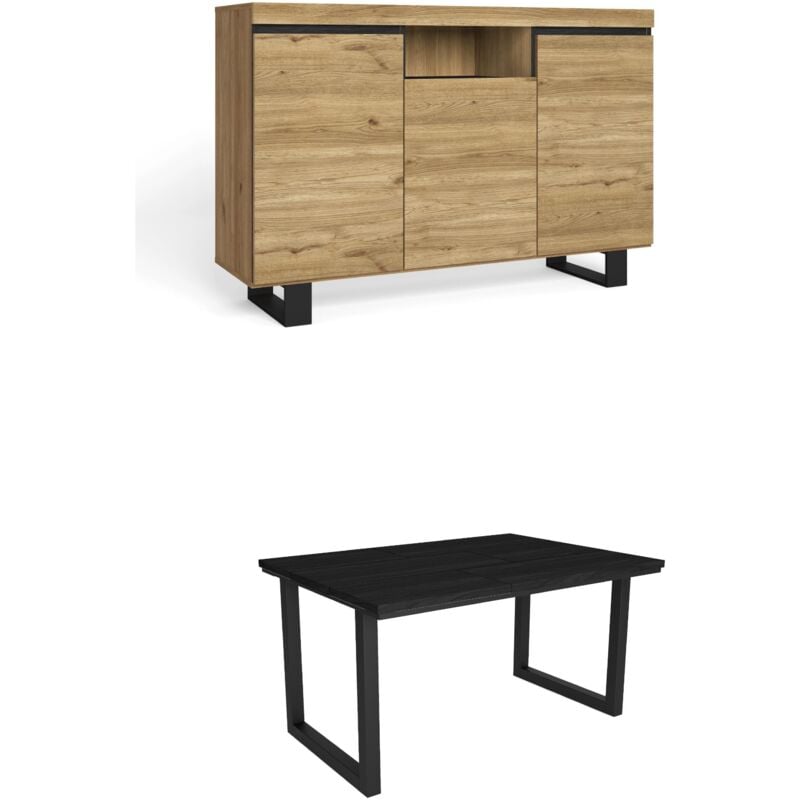foto del prodotto skraut home set di mobili per il soggiorno, tavolo 140 nera piedi u 6 commensali, madia credenza 140 tall, rovere e nero, stile industriale