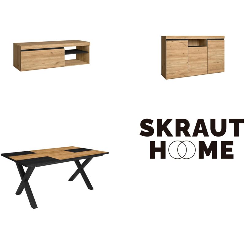 foto del prodotto skraut home set di mobili per il soggiorno, tavolo 170 bicolore piedi x 8 commensali, mobile tv 120, madia credenza 140, rovere e nero, stile