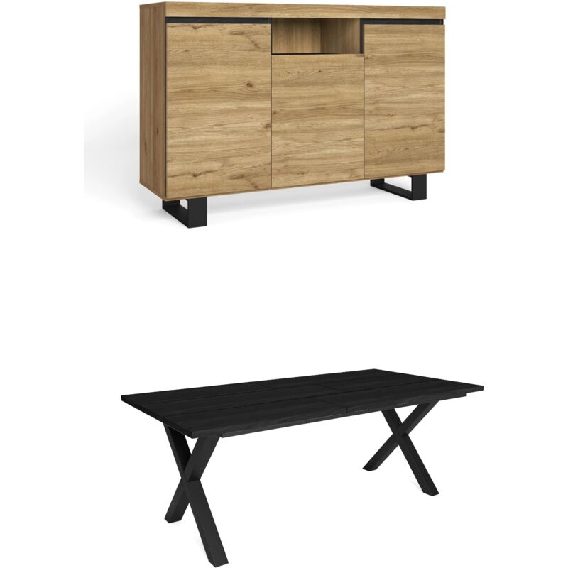 foto del prodotto skraut home set di mobili per il soggiorno, tavolo 200 nera piedi x 10 commensali, madia credenza 140 tall, rovere e nero, stile industriale