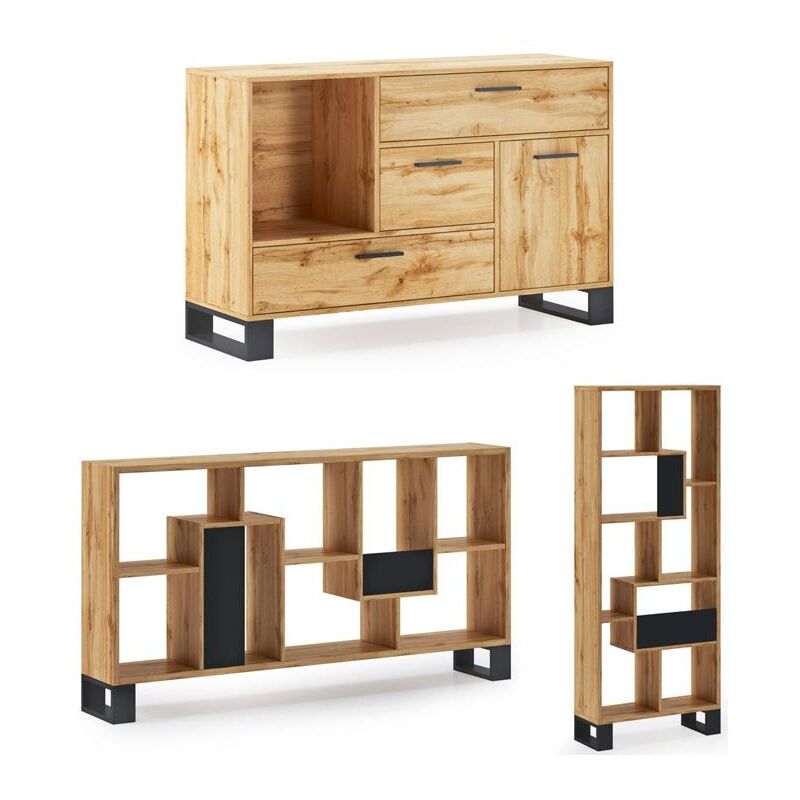 foto del prodotto skraut home set ingresso loft rustico buffet scaffale sala da pranzo mobili auxiliari struttura rovere rustico piedini neri