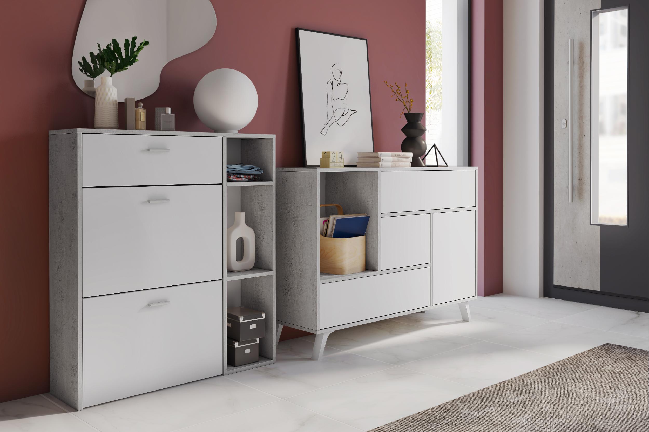 foto del prodotto skraut home set ingresso, sala da pranzo, credenza, struttura colore grigio cemento e porte e cassetti bianco buffet scarpiera