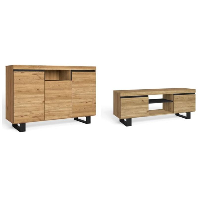 foto del prodotto skraut home set naturale sala da pranzo, mobile ausiliario, credenza mobile tv 140 cm rovere nordic nero