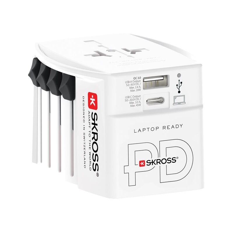 foto del prodotto skross adattatore da viaggio muv usb ac 45 pd, 45 w, caricatore 1x usb c e 1x usb a pi spine di rete internazionali per dispositivi a 2 pin senza