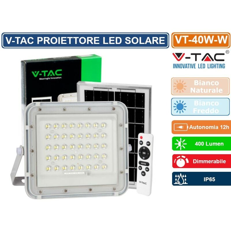 foto del prodotto sku7840 vt 40w 6w led proiettore solare 4000k batteria sostituibile 3m cavo corpo bianco