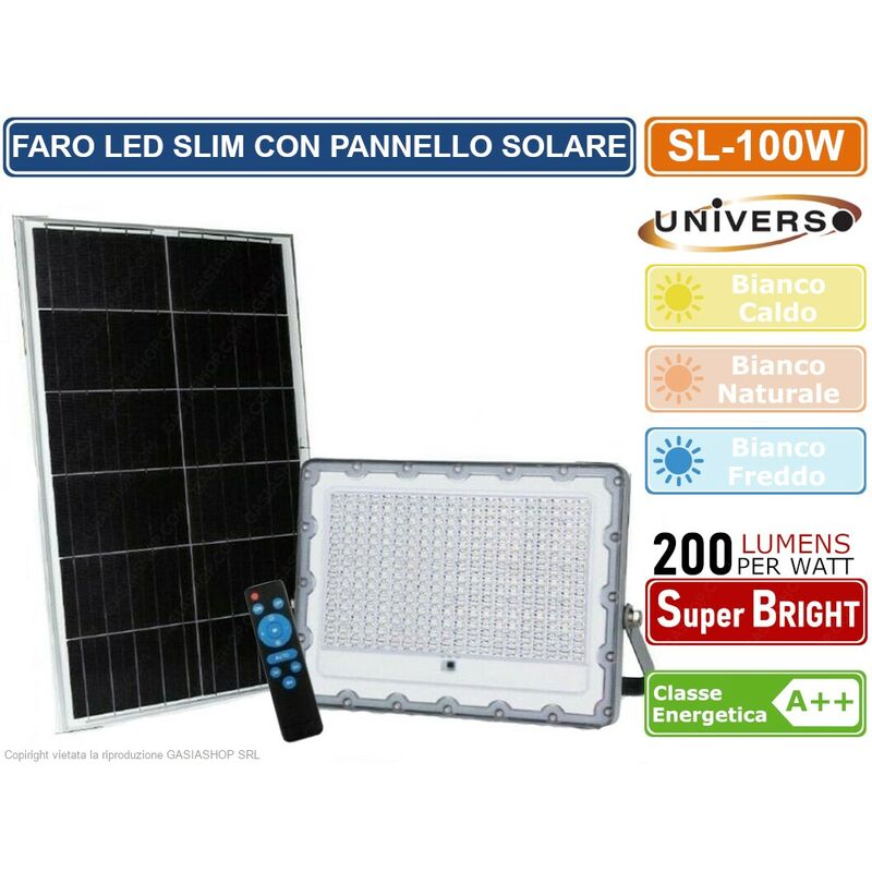 foto del prodotto sl 100w faro led 100w a batteria con pannello solare e telecomando dimmerabile ip65 bianco freddo 6500k