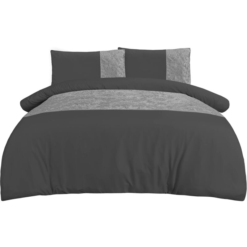 foto del prodotto sleepdown set di biancheria da letto con copripiumino e federe, con bordo in velluto, color grigio antracite, morbido e raffinato, per letto