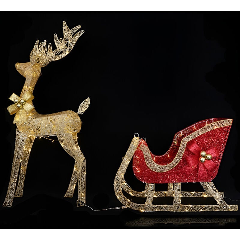 foto del prodotto slitta di babbo natale rossa oro con renna dorata grande 135 cm illuminata con luci led bianche calde per interno o esternoip44