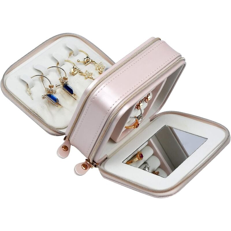 foto del prodotto small jewelry box, jewelry box with mirror, mini 2 tier pu travel jewelry box, portable jewelry organizer for women girls pink 