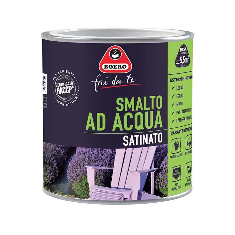 foto del prodotto smalto ad acqua brillante satinato inodore ferro legno interno esterno boero formato 0,5 l colori bianco satinato