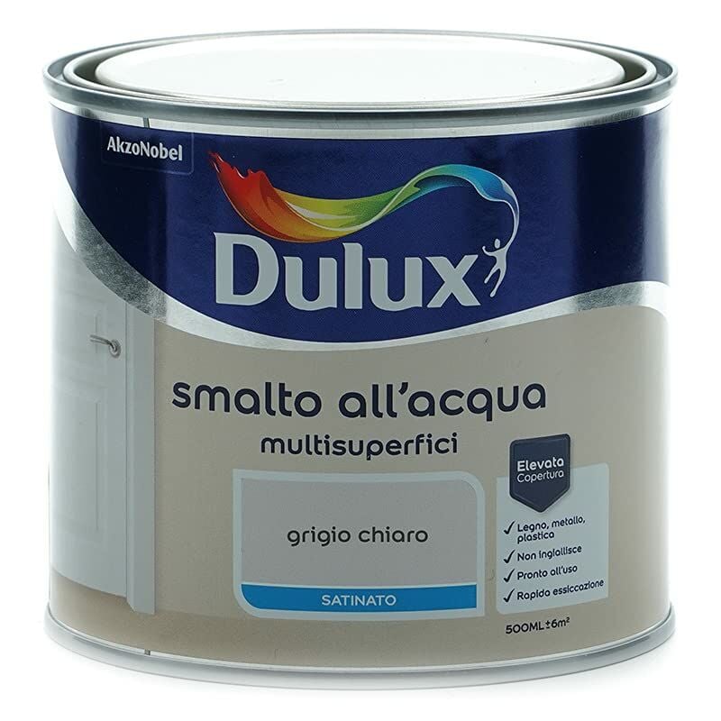 foto del prodotto smalto satinato all'acqua per metallo plastica e legno pronto all'uso per esterni e interni, 0.5 litri, grigio chiaro - dulux