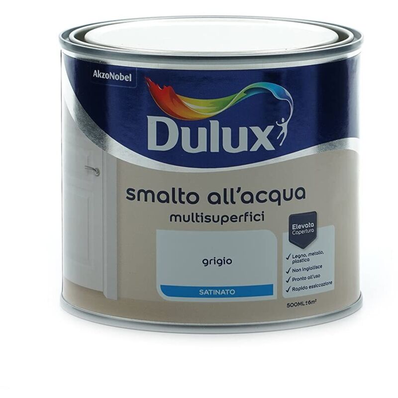 foto del prodotto smalto satinato all'acqua per metallo plastica e legno pronto all'uso per esterni e interni, 0.5 litri, grigio - dulux