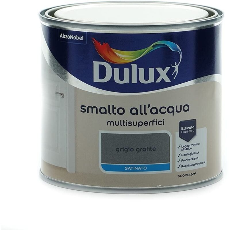 foto del prodotto smalto satinato all acqua per metallo plastica e legno pronto all uso per esterni e interni, 0.5 litri, grigio grafite dulux