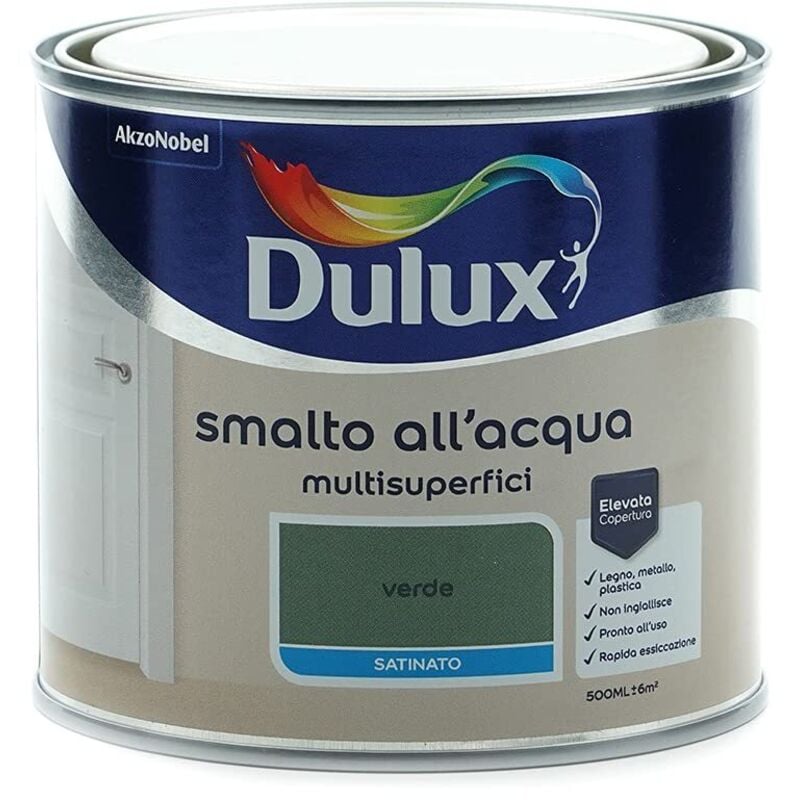 foto del prodotto smalto satinato all'acqua per metallo plastica e legno pronto all'uso per esterni e interni, 0.5 litri, verde - dulux