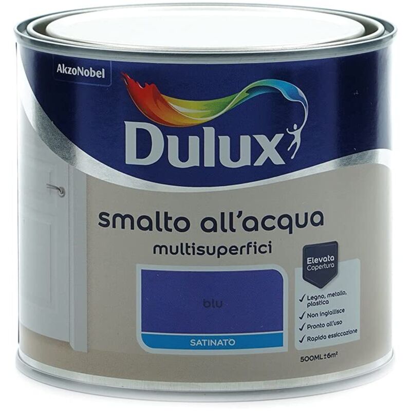 foto del prodotto smalto satinato all'acqua per metallo plastica e legno pronto all'uso per esterni e interni, blu, 0.5 litri - dulux