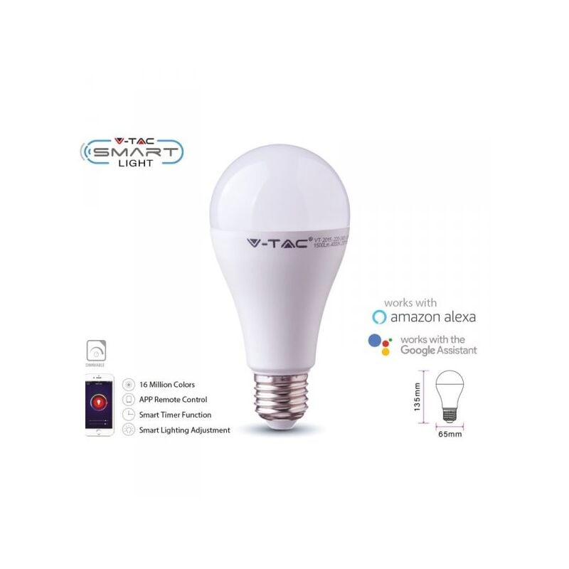 foto del prodotto smart lampada led bulb e27 a65 15w wifi rgb cct dimmerabile app compatible amazon alexa google home sku 2753 v tac