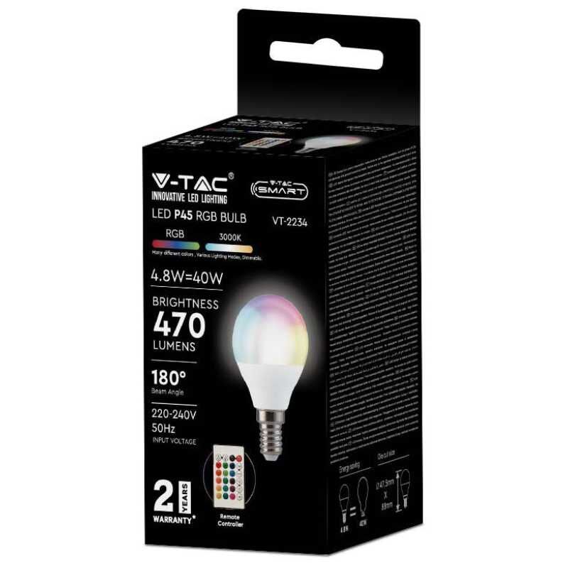 foto del prodotto smart vt 2234 lampadina led e14 4.8w p45 rf rgb w dimmerabile bianco caldo 3000k con telecomando sku 2766 v tac