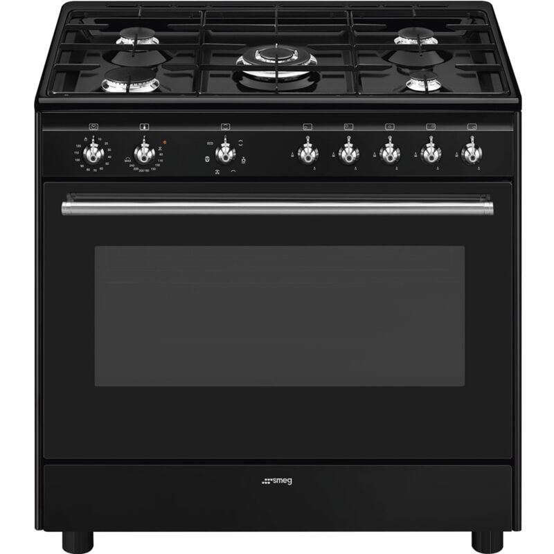 foto del prodotto smeg - concert cx91gmbl. tipo di prodotto: cucina freestanding, colore del prodotto: nero, tipo di controllo: manopola. tipo di piano cottura: gas, numero totale di fuochi: 5 fornello(i), tipo di sup...