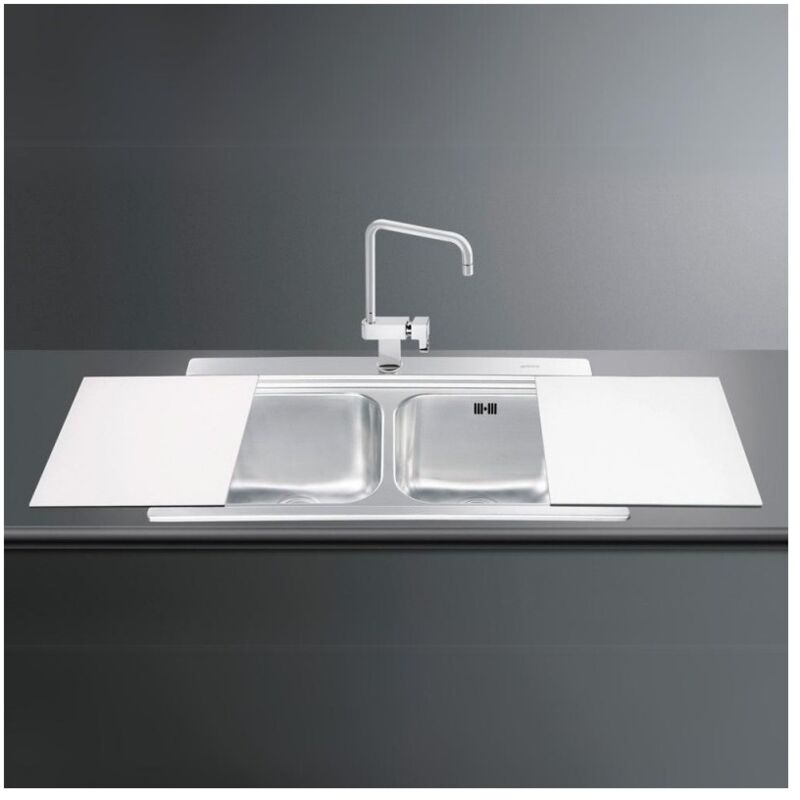 foto del prodotto smeg lavello incasso 2 vasche 90x50 con taglieri in vetro bianco li92b inox spazzolato
