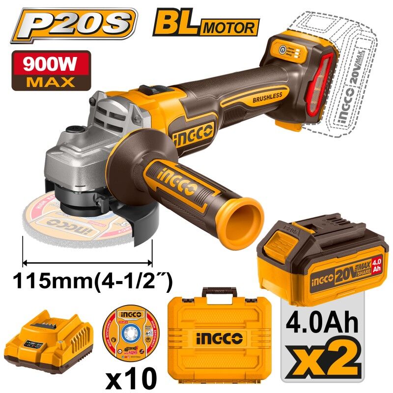 foto del prodotto smerigliatrice a batteria 20v 2 batterie 4ah valig. 10 dischi ingco cagli211542
