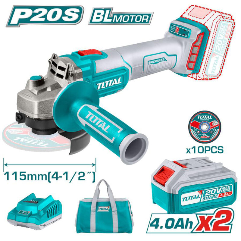 foto del prodotto smerigliatrice angolare 115mm 20v 2 batterie 4ah 10 dischi x metallo borsa total