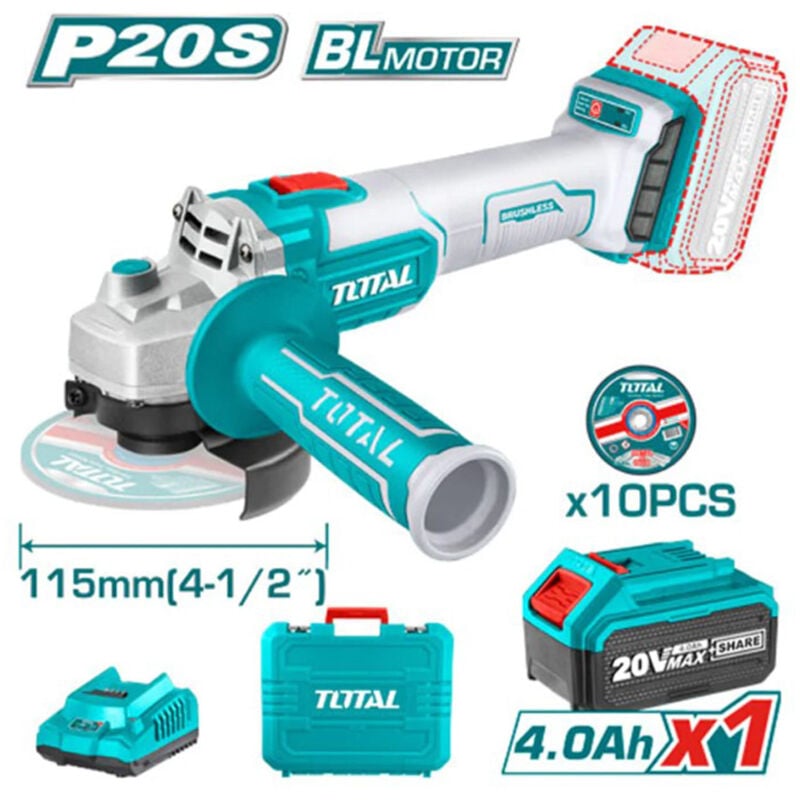 foto del prodotto smerigliatrice angolare 115mm 20v batteria 4ah 10 dischi per metallo total
