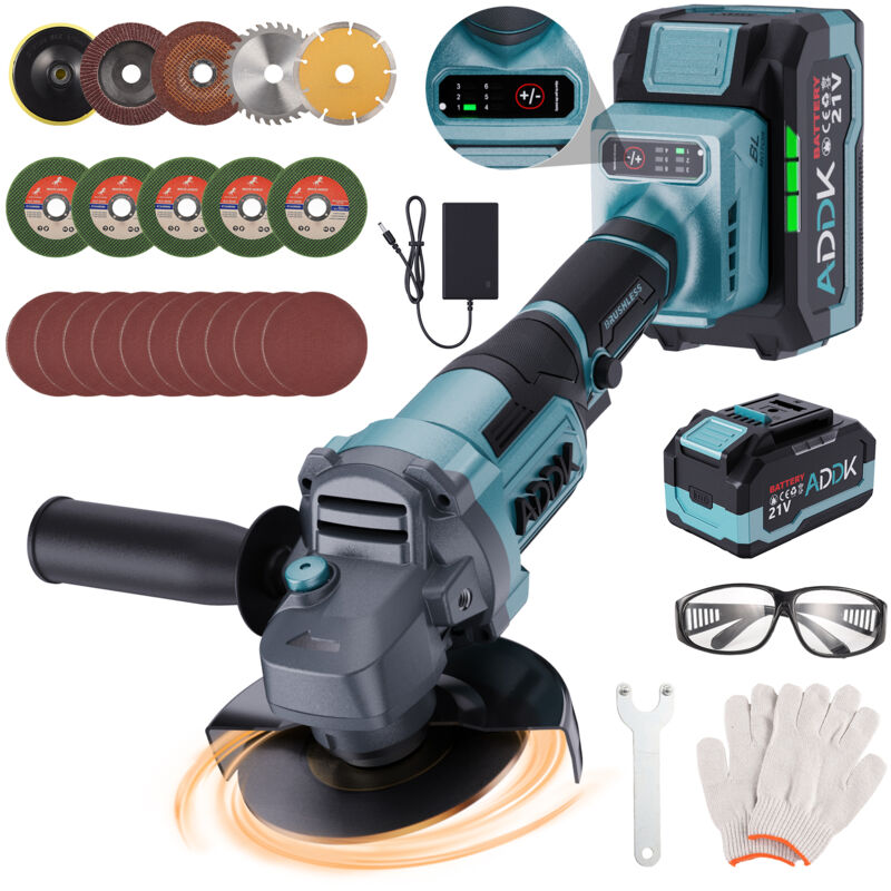 foto del prodotto smerigliatrice angolare a batteria da 125 mm, 21 v, 4,0 ah, 6 velocit regolabili, 2 batterie, motore brushless da 9000 giri min