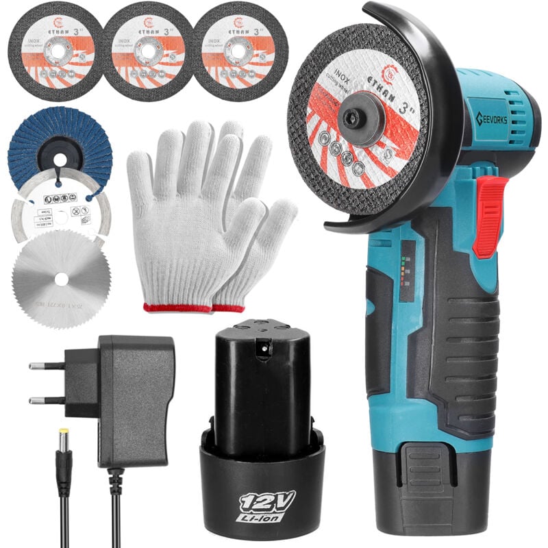 foto del prodotto smerigliatrice angolare a batteria ej.life mini, utensile elettrico per smerigliatura da 12 v e 19500 giri min, smerigliatrice portatile a 2 batterie