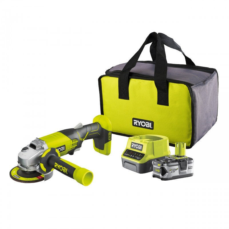 foto del prodotto smerigliatrice angolare a batteria frullino r18ag 140s ryobi diametro 115 batteria 18v 4,0ah