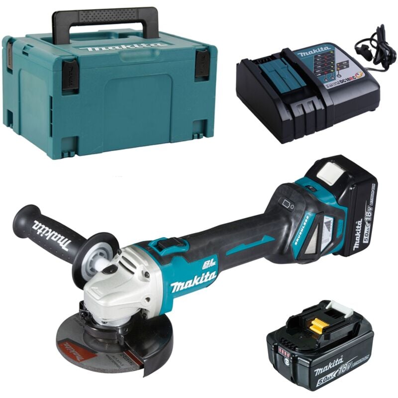 foto del prodotto smerigliatrice angolare a batteria makita 18v dga511rtj 125mm con 2x 5,0 ah caricabatterie in makpac