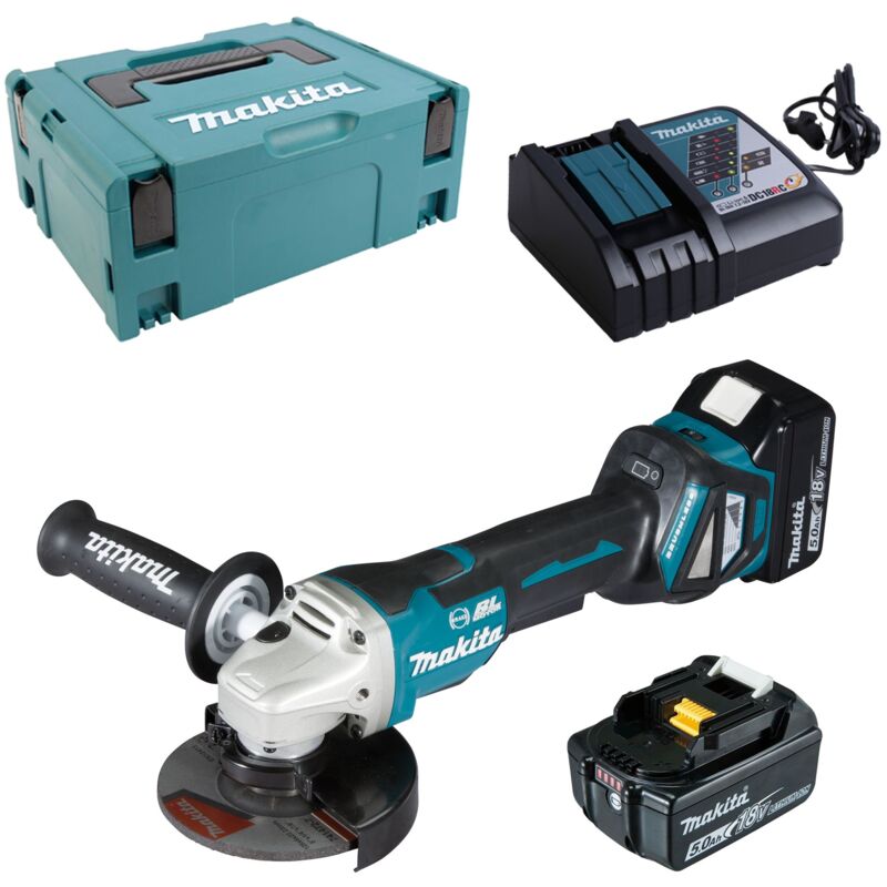 foto del prodotto smerigliatrice angolare a batteria makita 18v dga517rtj con 2 batterie da 5,0 ah caricabatterie in makpac