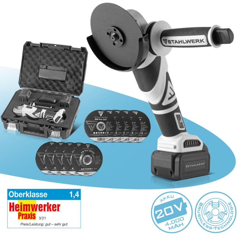 foto del prodotto smerigliatrice angolare a batteria senza spazzole aws 20 st 20v 4ah stahlwerk