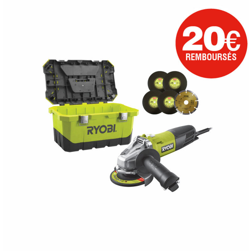 foto del prodotto smerigliatrice angolare ryobi 800w 125mm 1 disco diamantato 5 dischi di sbavatura cassetta degli attrezzi rag800 1