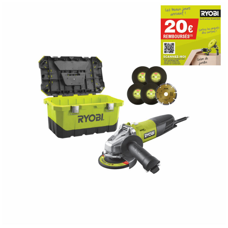 foto del prodotto smerigliatrice angolare ryobi 800w 125mm 1 disco diamantato 5 dischi di sbavatura cassetta degli attrezzi rag800 1