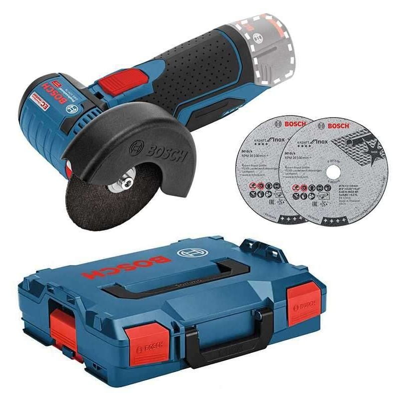 foto del prodotto smerigliatrice bosch gws 10,8 76v ec 76 mm senza batteria n caricabatterie 3 dischi 06019f2003