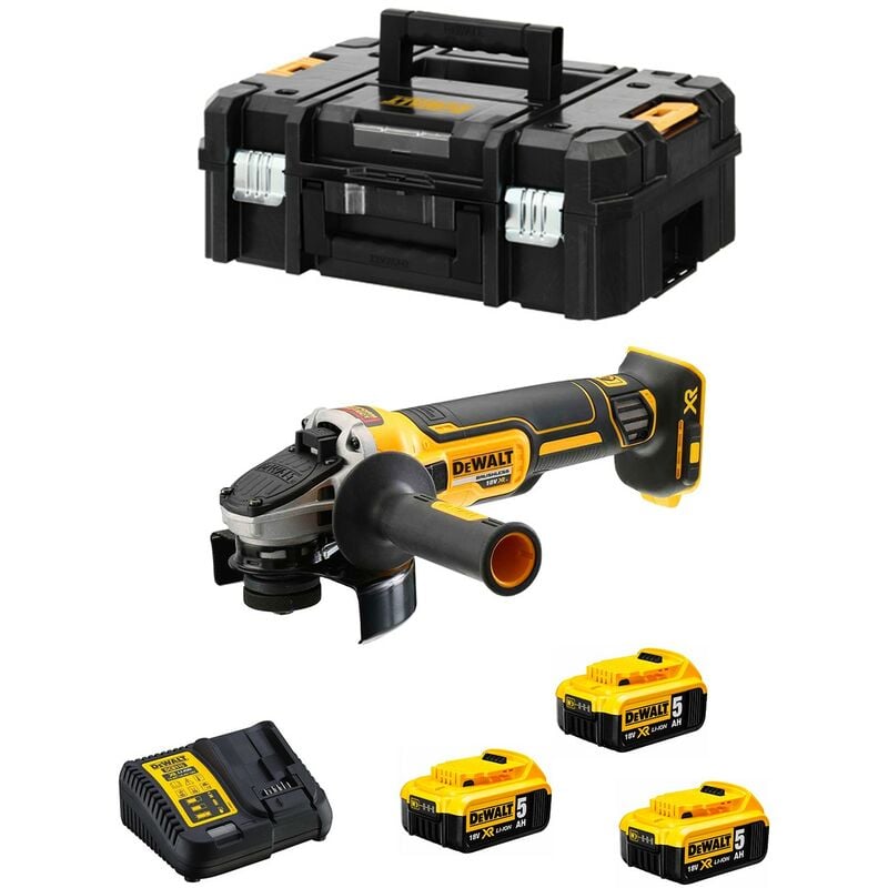 foto del prodotto smerigliatrice brushless 18v dewalt 125mm 3 batterie li ion 5ah valigetta tstak dcg405p3