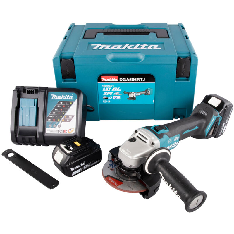 foto del prodotto smerigliatrice makita 18 v li ion 5,0 ah 125 mm 2 batterie, caricabatteria, in valigetta dga506rtj