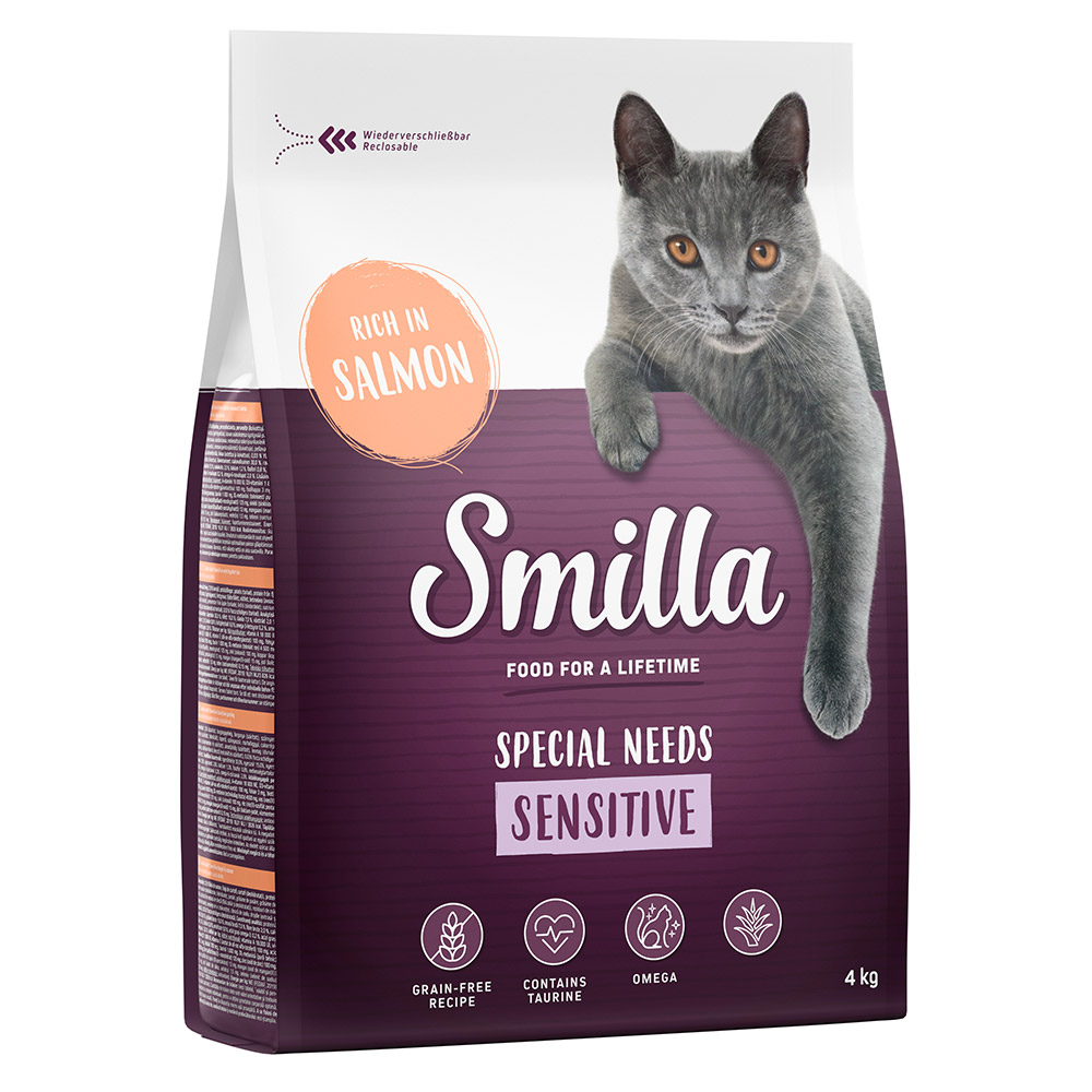 foto del prodotto smilla adult sensitive senza cereali salmone crocchette per gatti 4 kg