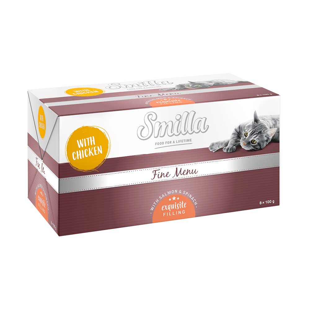 foto del prodotto smilla fine menù delizioso ripieno 24 x 100 g umido gatto - pollo con salmone &amp; spinaci