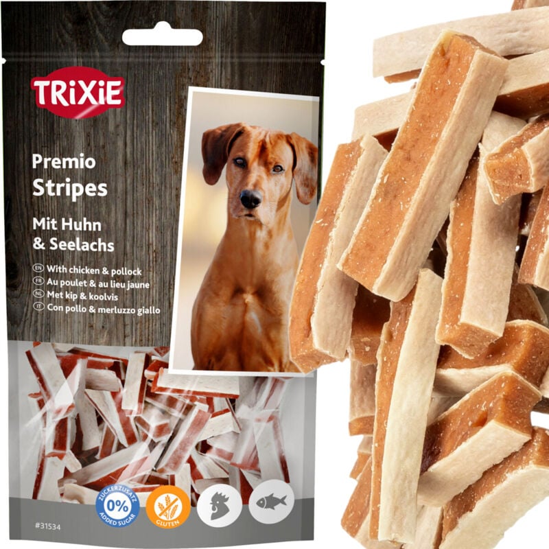 foto del prodotto snack per cani stripes con pollo e merluzzo trixie premio 75g