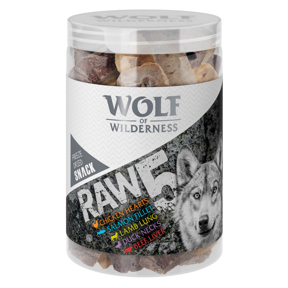 foto del prodotto snack premium liofilizzati wolf of wilderness - raw - mix raw 5 150 g pollo, agnello, manzo, salmone, anatra