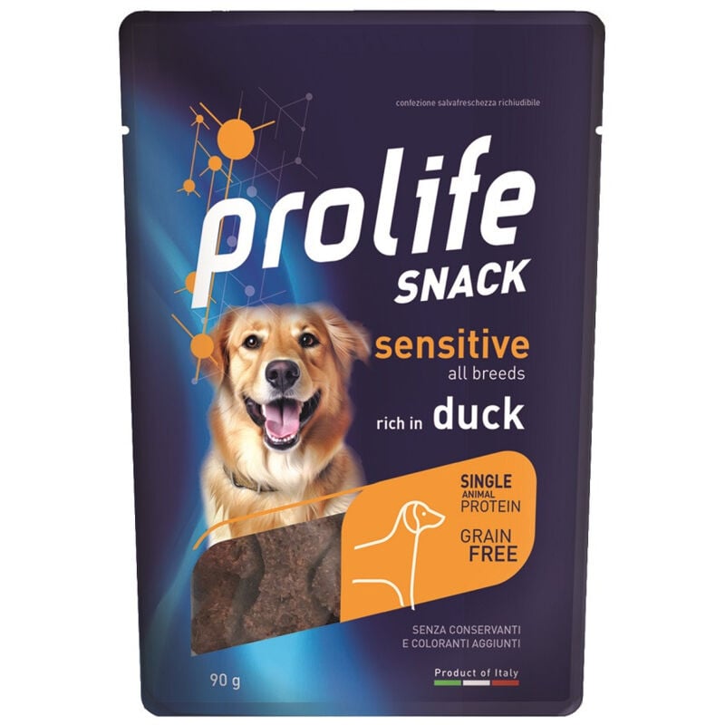 foto del prodotto snack sensitive grain free per cani con anatra da 90 gr prolife