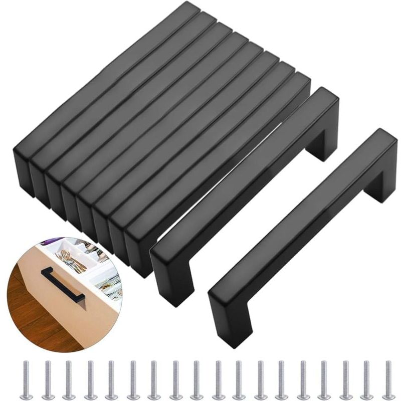 foto del prodotto snq 10 pi ces poignee de meuble cuisine noir 160 mm, acier inoxydable poign es moderne carr e meubles avec vis, pour bureaux, tiroirs, armoires,