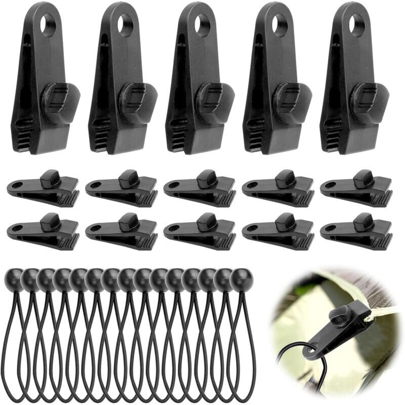 foto del prodotto snq 15 pi ces pince pour bache et 15 pi ces tendeur elastique tendeur bache 15cm fixation bache multifonction attache bache pour tentes,