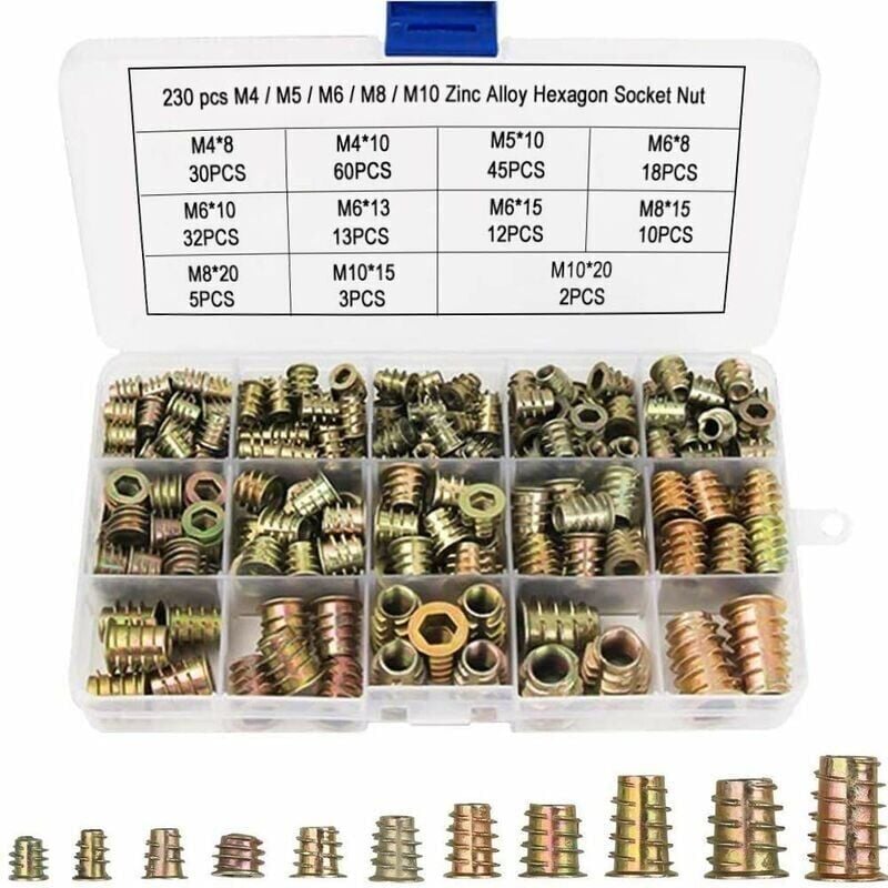 foto del prodotto snq 230 pezzi m4 m5 m6 m8 m10 dadi esagonali con inserti filettati, inserti per dadi esagonali filettati in lega di zinco per mobili in legno, con