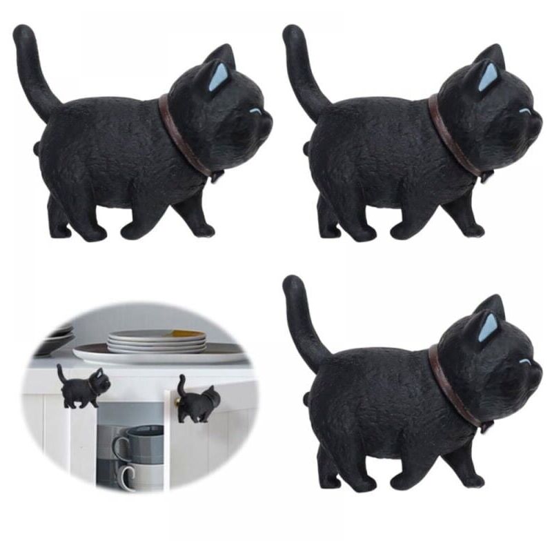 foto del prodotto snq 3 pezzi pomello per porta, maniglia per mobili in gomma morbida pvc a forma di gatto nero, testa di gatto nero girevole, pomello per mobili