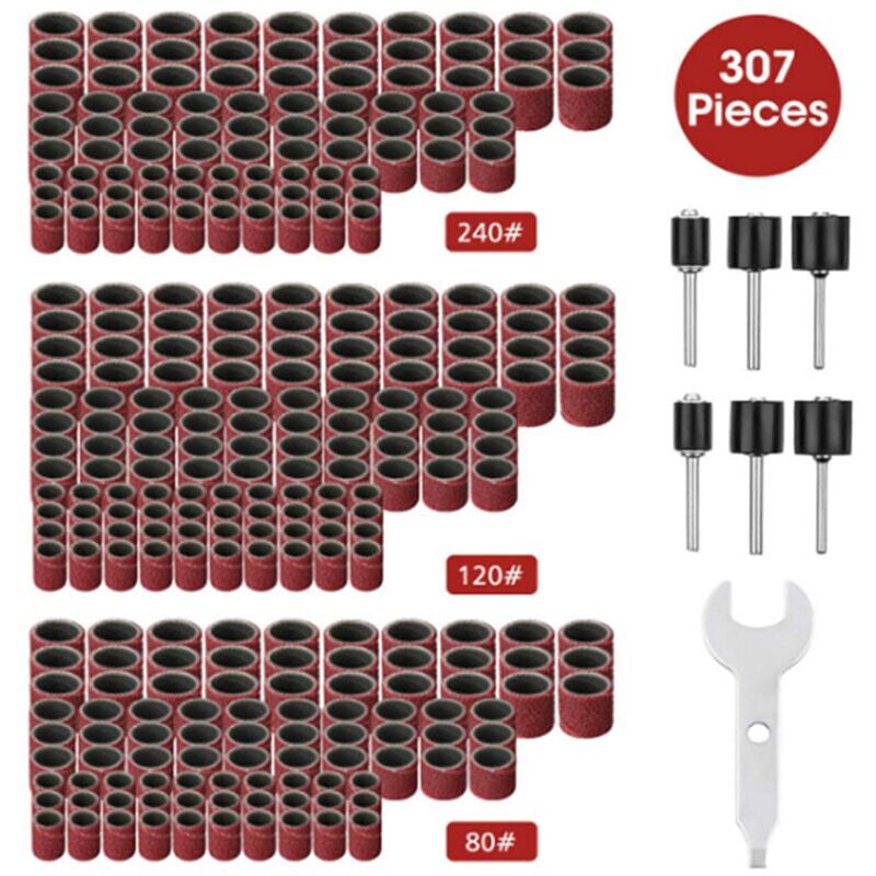 foto del prodotto snq 307pcs drum sander set kit per levigatura a tamburo 300pcs maniche a nastro abrasivo 80 120 240 6pcs mandrini a tamburo per utensile