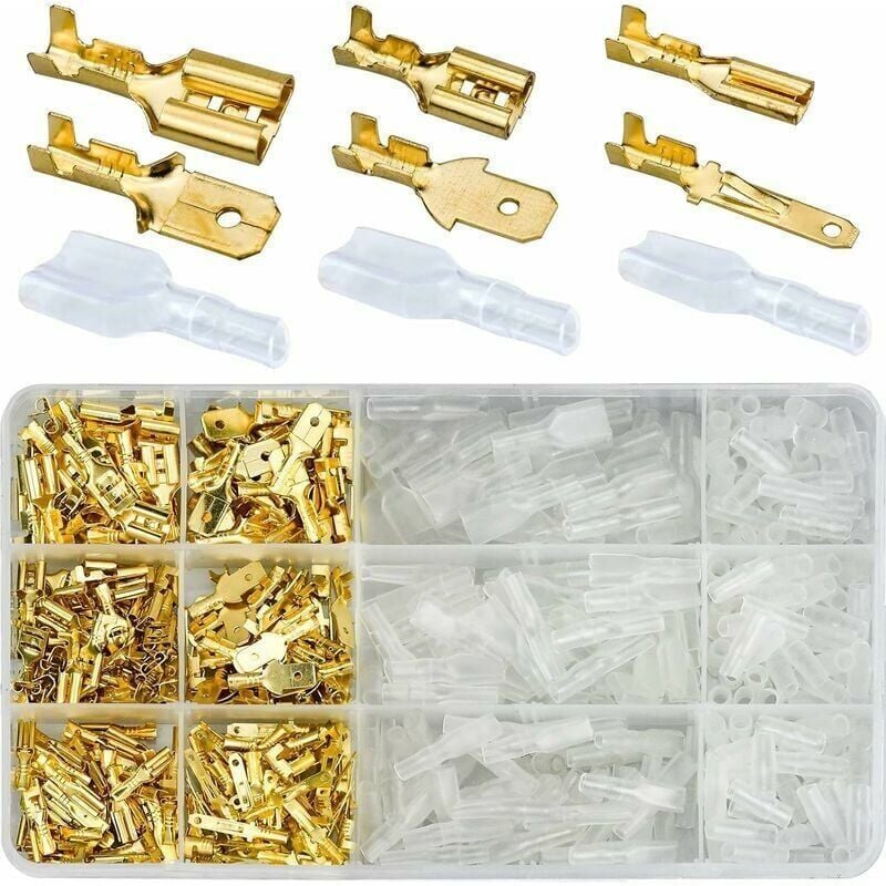 foto del prodotto snq 315 pezzi terminali a crimpare in ottone, 2,8 4,8 6,3 mm terminale elettrico con manicotto isolato maschio femmina connettori a forcella