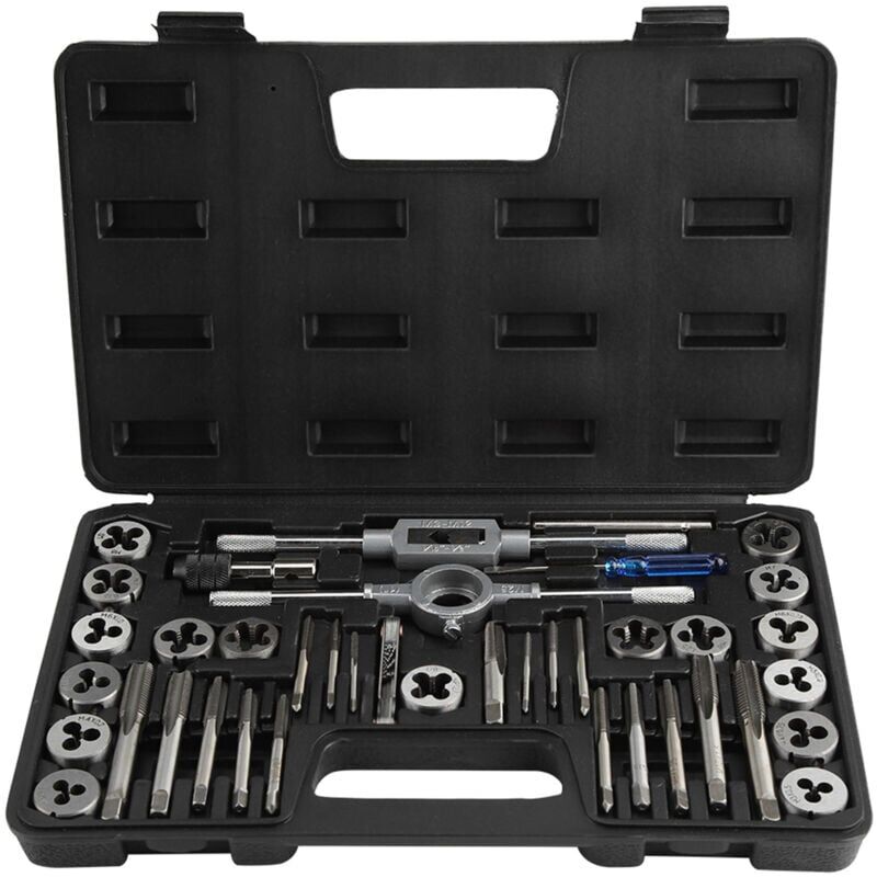 foto del prodotto snq 40 pezzi m3 m12 set di maschi e filiere metrici con calibro per filettatura manuale per impieghi gravosi e chiavi